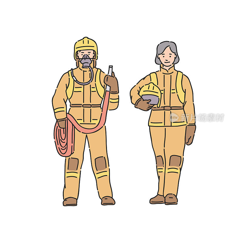 Fireman woman and man in professional protective suit. Vector illustration in line art style on white background.